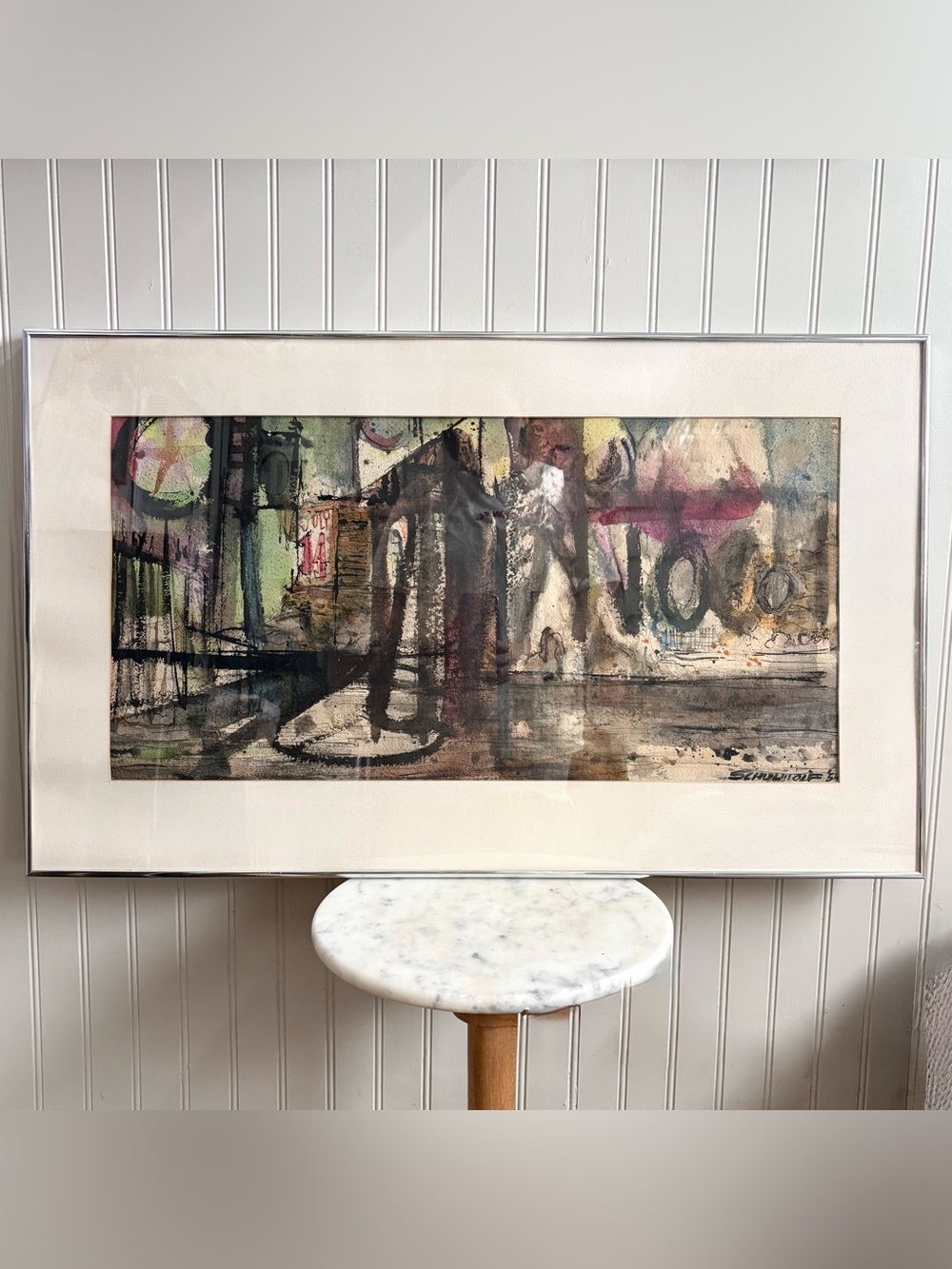 Vintage Watercolor & Ink Painting Signed Schulwolf Circa 1954 Mid-Century Modern